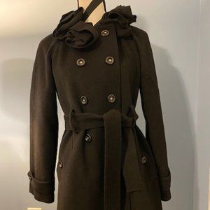 Rebecca Taylor Rosette Black Wool Belted Pea Coat